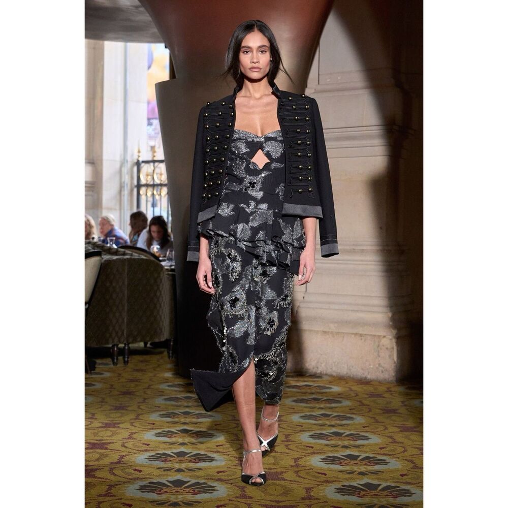 NWT Johanna Ortiz Belle Epoque Ruffle Peplum Ankle Dress Black Silver Size 8 $45